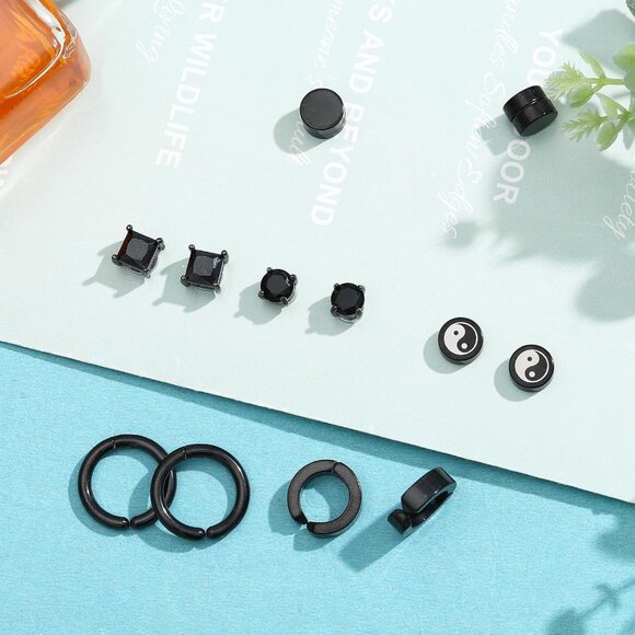 Men's Black Stainless Steel Magnetic Non Piercing Earrings, Stylish CZ Studs, 6 - Picture 4 of 7